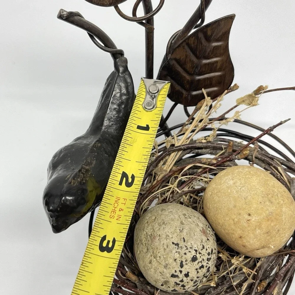 Vintage Decorative Bird Nest Sitter Solid Metal, Twigs & Real Rock Eggs Rustic